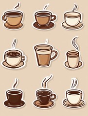 Aufkleber - Colorful stickers featuring various coffee cups and beans in a playful design for beverage lovers. Generative AI