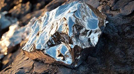 Wall Mural - Reflective Silver Rock Formation: A Close-Up Study of Metallic Texture and Light