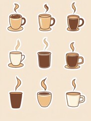 Aufkleber - Delightful style stickers showcasing various coffee cups and beans with warm steam accents. Generative AI