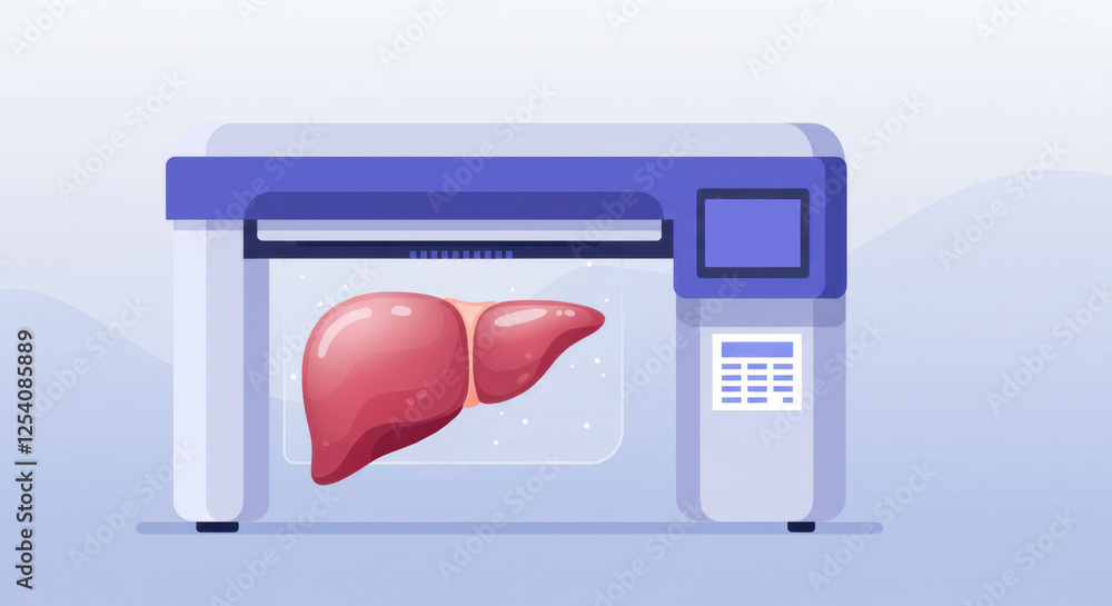3d printer prints a liver on pastel blue background. Printing of human ...