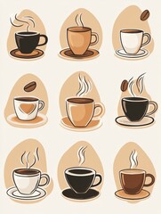 Aufkleber - style coffee cup and bean stickers featuring various designs and colors for coffee lovers. Generative AI