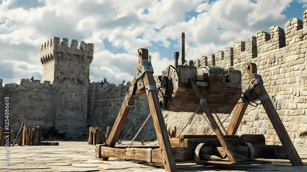 Medieval Siege Weapon Catapult On Castle Ramparts Stock Photo Medieval Siege Weapon Catapult On Castle Ramparts Stock Photo