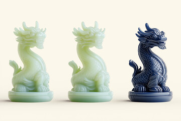 Jade Dragon Chess Pieces: Three intricately carved dragon chess pieces, two in pale jade green and one in deep blue, stand in a row against a neutral background.