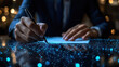 © Leopard - Businessman engages in smart contract signing for international shipping with blockchain technology in a futuristic setting