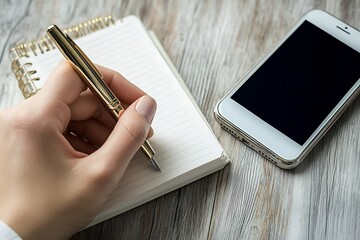 Wall Mural - a hands journaling with a pen beside a smartphone, emphasizing mindful reflection and reduced screen