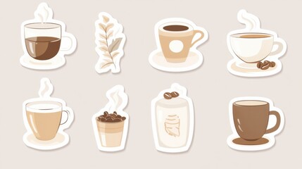 Aufkleber - Stylish stickers featuring different coffee cups and coffee beans in a minimalist design suitable for various decorations. Generative AI