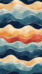 Poster - Watercolor seamless visual illustration of colorful wave patterns. Blue, orange, red colors. Water, sea theme design. Abstract curve lines art background for banner, card, web.