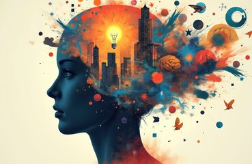 Fototapete - Conceptual art collage of woman head silhouette filled with city buildings, brain, light bulb, birds. Symbolizes thought process, creative ideas, ingenuity, inspiration, brainstorming, mind.