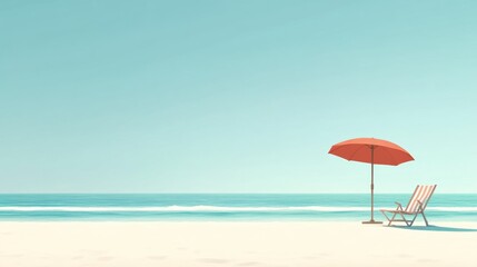 Aufkleber - Relaxation at the beach with a lounge chair and umbrella under a clear blue sky and gentle ocean waves. Generative AI