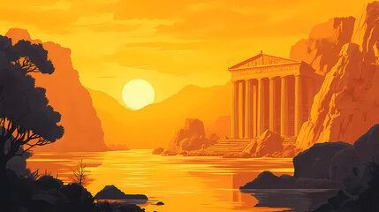 Poster - Serene sunset over ancient temple ruins and a calm river. the warm golden light paints the sky, highlighting the aged stone structures. gilded temple. illustration. Golden Age Ruins. Illustration