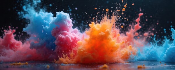 Poster - Illustration of colorful ink droplets explosion. Suspended in air droplets create colorful cloud-like effect. Liquid canvas with splash art, explosion texture with blue, orange, pink mist.