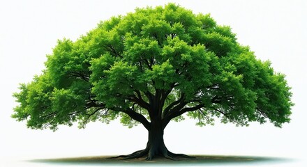 green wide branched tree cut out with foliage on white background. isolated single botanical oak wit