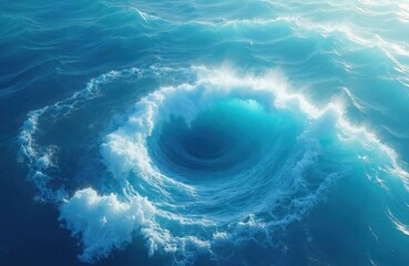 Aufkleber - Illustration of powerful ocean whirlpool. White foam and water movement. Blue sea vortex, nature power concept. Ideal for summer, travel, adventure, marine life illustration projects.