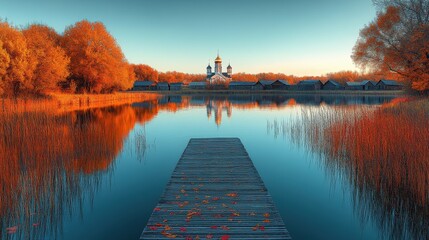 Wall Mural - Stunning Autumn Lake View with Pier, Reflection, Scenic Landscape, Golden Foliage, Idyllic Waterscape, Tranquil Sunrise, Nature Photography, Calm Evening, Reflection Symmetry