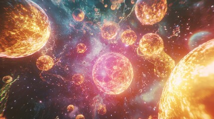 Wall Mural - bright spheres of various sizes illuminate a vast cosmic landscape, surrounded by swirling colors an