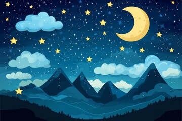 Wall Mural - Night Sky Mountainscape Crescent Moon, Stars, Clouds, illustration