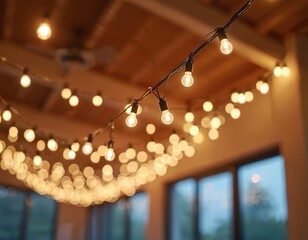 Wall Mural - warm white string lights hang from ceiling with blurred background. festive garland light bulbs deco