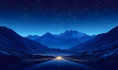 Wall Mural - A night landscape with a road stretching towards the mountains and a sky full of stars