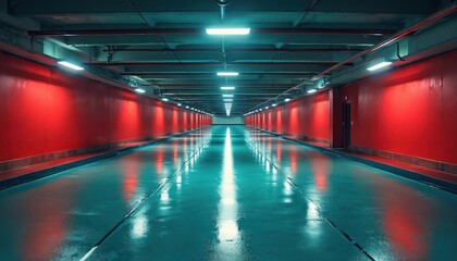 Poster - Illustration of underground parking garage. Perspective view of neon illuminated blue floor reflects red walls. Empty urban scene. Modern architecture. Fluorescent lights in dark industrial space.