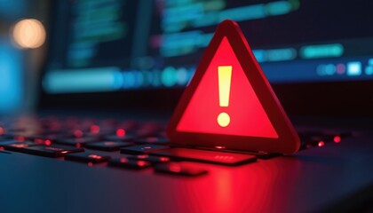 Poster - Red alert triangle with exclamation mark over laptop keyboard symbolizes cybersecurity threat. Close-up signifies datum backup, firewall, virus attack danger, hacker measure, safety response level.