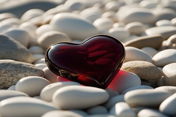 Poster - A red heart-shaped glass object resting on smooth white pebbles.