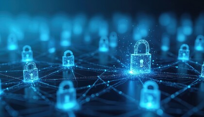 Fototapete - Illustration of network security measures protecting data, systems from unauthorized access. Padlocks symbolize integrity confidentiality, cyber safety, software control, practice, encryption,