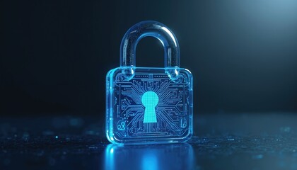 Fototapete - Conceptual glowing transparent blue padlock with keyhole on dark background. Digital security, privacy protection, encryption, safety for cyber access, modern tech, future innovation illustration.