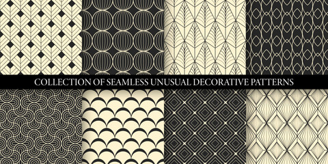 Wall Mural - Collection of seamless decorative luxury geometric patterns - art deco monochrome design. Repeatable ornamental elegant backgrounds. Symmetry endless vintage prints