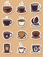Aufkleber - style stickers featuring coffee cups and coffee beans ideal for decoration or branding projects. Generative AI