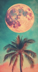 Wall Mural - tropical sunset, large moon, palm tree, sky, fantasy art, poster