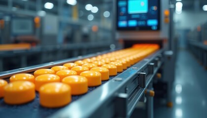 Fototapete - Automated AI driven quality control system inspecting products on assembly line. Identifying defects, errors in real time with robotic visual innovation, improving industry workflow efficiency.