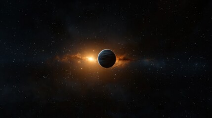 Wall Mural - a dark planet is positioned at the center, surrounded by glowing gas clouds that emit warm colors. s