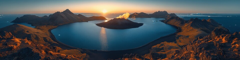 Wall Mural - Captivating Aerial Panorama of Crater Lake National Park at Sunrise with Majestic Caldera, Pristine Waters, Rugged Landscapes, and Breathtaking Mountain Views