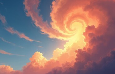 Aufkleber - Illustration of swirling clouds in vibrant sunset sky. Dynamic orange, yellow colors, visual graphic element. Fantasy artwork with modern design, spiral motion, space for text.
