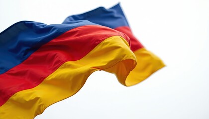 Waving flag of Romania with blue, yellow and red stripes on white. Romanian patriotic symbol ripples in the wind. National identity, culture and unity.