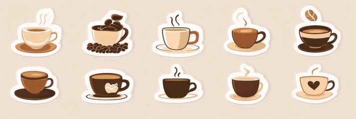 Aufkleber - Creative style stickers showcasing various coffee cups and beans in warm tones for coffee lovers. Generative AI