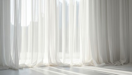 Aufkleber - White sheer curtain on bright white background. Light transparent material in vertical drapes. Soft elegant clean subtle textile design for home interior. Serene minimalistic concept.