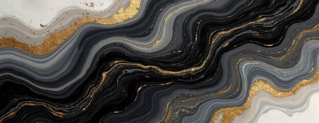 Leinwandbilder - Abstract ink marbling texture with black, gray swirls and gold splashes. Luxury painting banner. Fluid art background with creative colorful illustration.