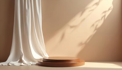 Aufkleber - Refined 3D display wooden pedestal against smooth brown background. Delicate silk curtain flows gracefully in natural wind effect. Create inviting space for beauty cosmetic product presentation.