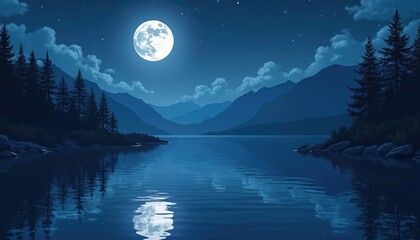  Anime style moonlit lake scene. The big moon reflects on water surface. Coniferous forest silhouettes on riverside. Mountains lighten by moonlight. Night sky, starry space.