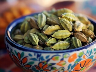 Wall Mural - cardamom pods among other vibrant spices in a ceramic bowl, bringing out the greenness of the pods against the colorful backdrop