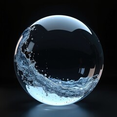 Poster - Water orb 3D render illustration. Ripple effect, freshness and power motion. Peaceful blue shiny water element. Serene graphic design. Glossy bubble sphere on black background.
