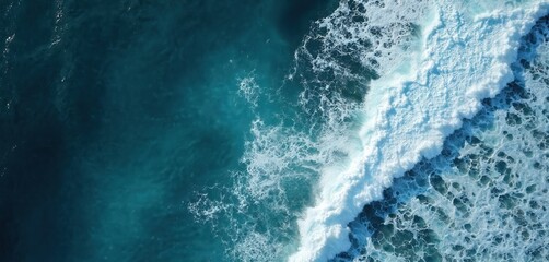 Aufkleber - Top aerial view of ocean surface and foamy waves. Deep blue water. Powerful sea with crests, ripples. Water background, nature wallpaper. Marine scenic illustration.
