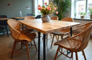 Wall Mural - Office room illustration with long wooden dining table and black metal legs. Tabletop from natural wood with visible grain patterns. Wicker chairs and flowers vase. Interior design.