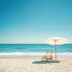 Aufkleber - Relaxing beach getaway with a lounge chair and umbrella under a clear blue sky. Generative AI