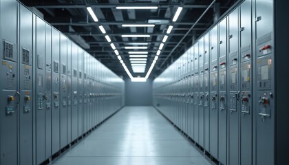 Fototapete - Wide shot of smart grid power distribution center featuring row of advanced industrial control panels in modern facility with ample white space and lights.
