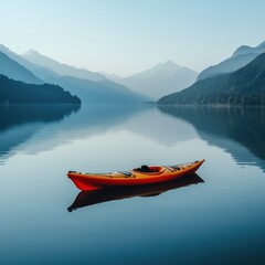 Poster - Calm mountain lake with a solitary kayak reflecting stunning morning light and the surrounding mountains. Generative AI