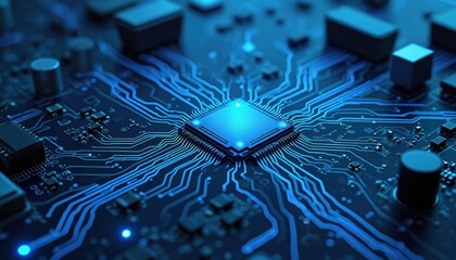Fototapete - Illustration of AI circuit board background. Tech connected blue lines with electronic elements on technical backdrop. Computer motherboard with chip, processor, semiconductor. Futuristic hi-tech