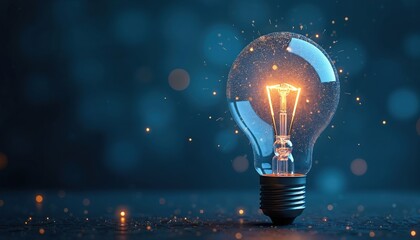 Aufkleber - Creative digital illustration of light bulb with luminous dots. Conceptual idea of inspiration, modern tech, electricity and bright energy on blurred background. Science, education.
