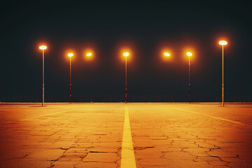 Wall Mural - empty parking lot at night: a row of streetlights illuminate an empty parking lot at night, creating
